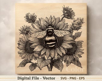 Bee Sunflower Vector Illustration SVG – Honeybee Line Art PNG - Laser Engraving Clipart – Digital Download