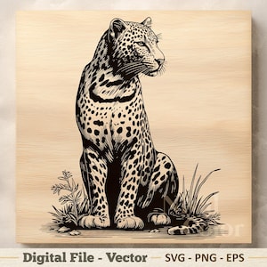Op de afbeelding: Zwart-wit illustratie van een luipaard zittend op een licht houten oppervlak. De luipaard is gedetailleerd met vlekken en wordt omringd door gras en kleine planten. De tekst "Digital File - Vector" staat onderaan.