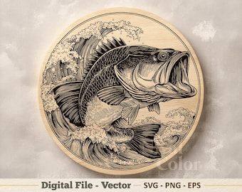 May include: A circular wooden plaque featuring a detailed black line art illustration of a largemouth bass jumping out of stylized ocean waves with its mouth wide open. The design is enclosed within a thin circular border on a light wood grain.