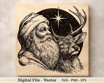 Ilustração vetorial de Papai Noel e renas em SVG – Arte linear de estrela de Natal em PNG – Clipart para gravação a laser – Download digital