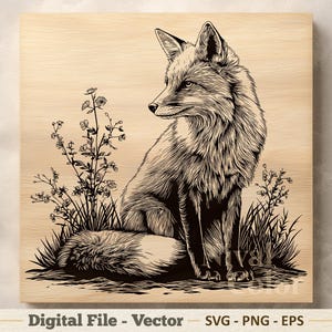 May include: Black and white illustration of a fox sitting in tall grass with wildflowers. The fox is facing left, with its head turned to the side. The image is on a light wood background. Text at the bottom reads "Digital File - Vector".
