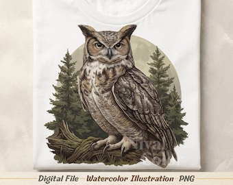 水彩フクロウのイラストPNG – 森のフクロウの野生動物クリップアート – シャツデザイン印刷可能 – デジタルダウンロード