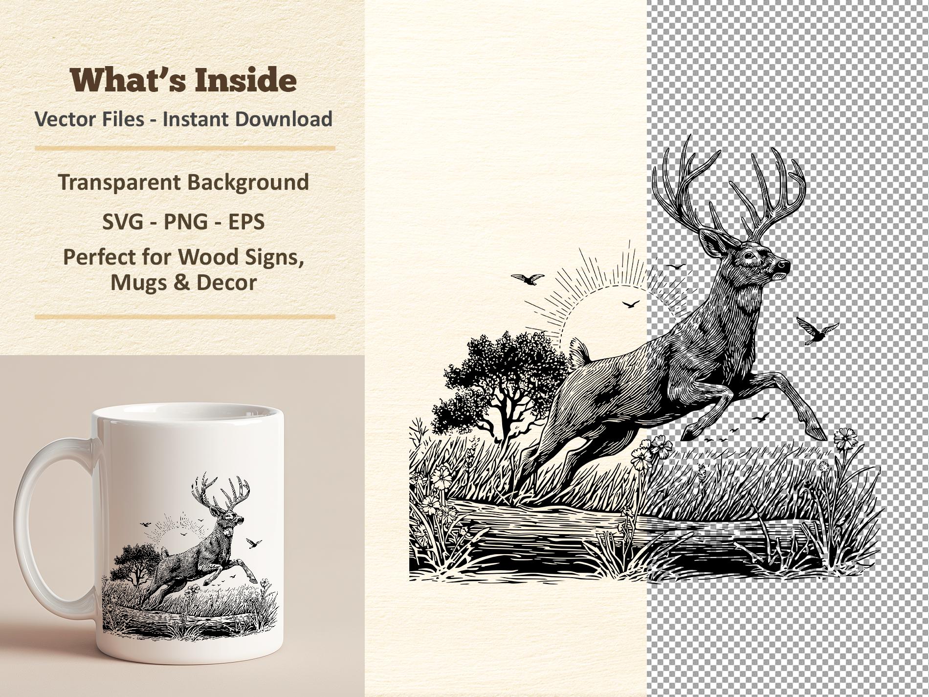Deer Vector Illustration SVG – Jumping Buck Line Art PNG - Laser ...
