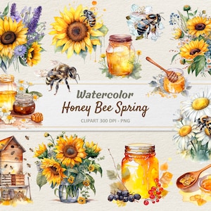 Watercolor Honey Bee Sunflower Clipart - Spring Summer Flowers - Digital Illustration PNG - Commercial Use