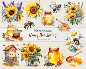 May include: Watercolor clipart set featuring honey bees, sunflowers, daisies, honey jars, and a beehive. The set is titled "Watercolor Honey Bee Spring" and includes the text "Clipart 300 DPI - PNG".