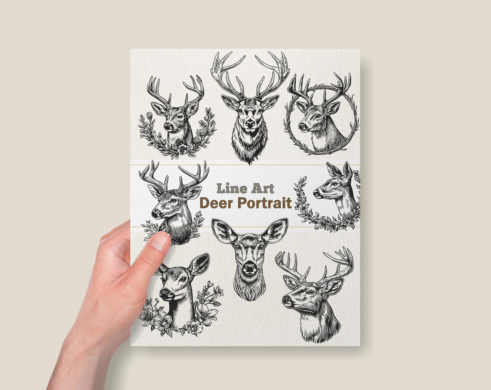 Vector Deer Portraits Clipart - Line Art Digital Illustration - Buck ...