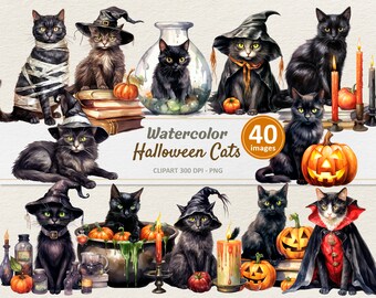Aquarell Halloween Katzen Clipart - Digitale Illustration - Schwarze Katzen Kätzchen PNG - Kommerzielle Nutzung