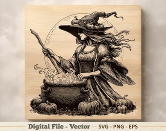 魔女のハロウィンベクターイラストSVG – カボチャの線画PNG – レーザー彫刻クリップアート – デジタルダウンロード