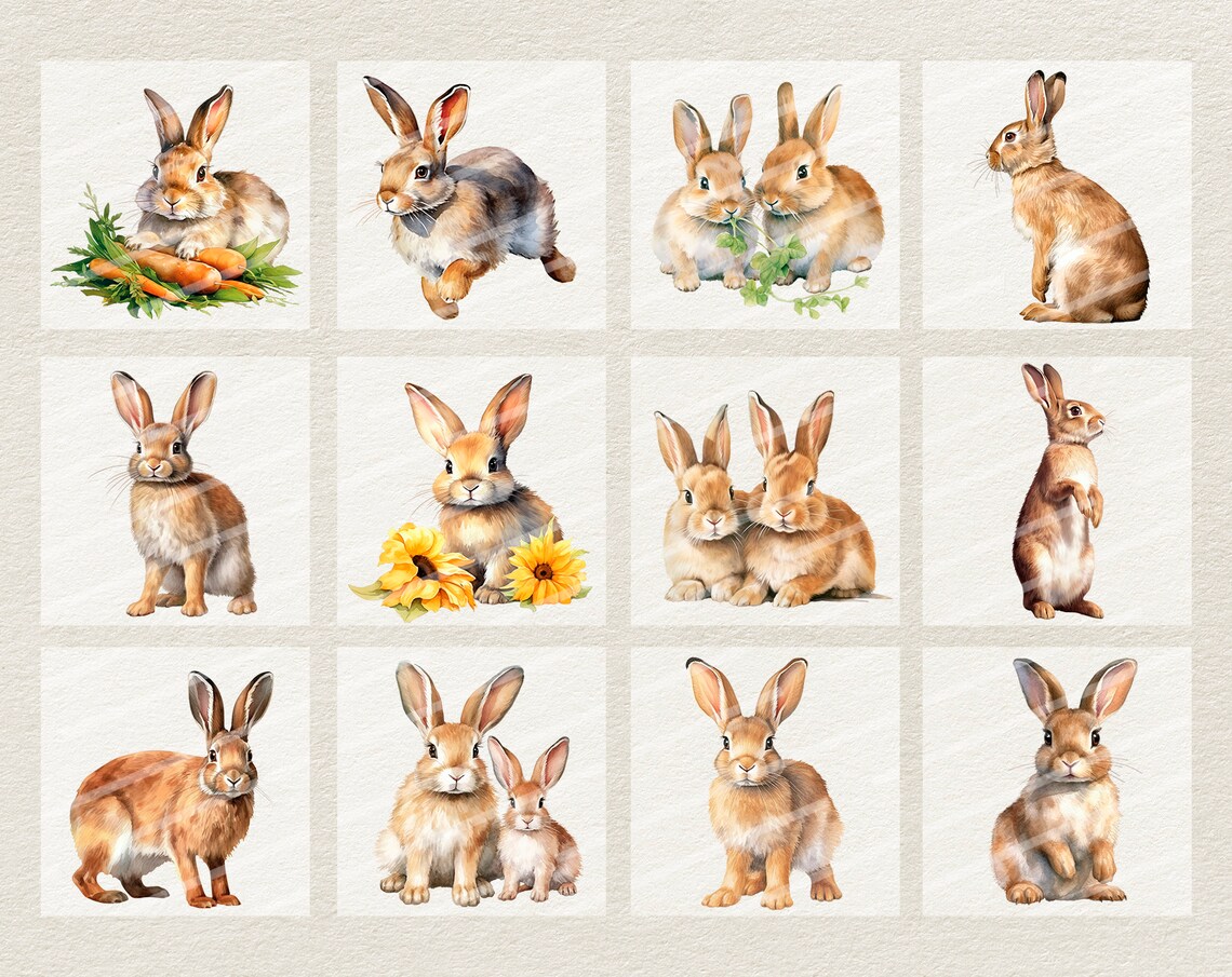 Watercolor Bunnies Clipart Bundle - Digital Illustration Bunny - Rabbit ...