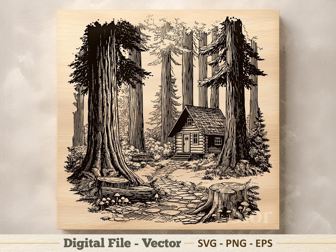 Forest Cabin Vector Illustration SVG – Woodland Line Art PNG - Laser ...