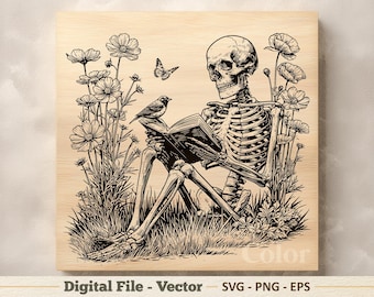 Reading Skeleton Vector Illustration SVG – Floral Line Art PNG - Laser Engraving Clipart – Digital Download