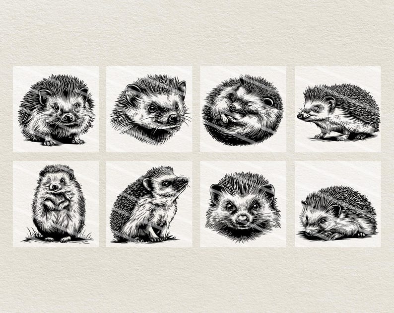 May include: A collection of eight black and white illustrations of hedgehogs in various poses. Each image is square and features detailed shading, showcasing the spiky texture and facial features of the animals. The illustrations are set against a neutral background.