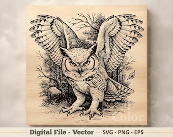 フクロウのベクターイラストSVG – アメリカワシミミズクの線画PNG - 彫刻クリップアート – デジタルダウンロード