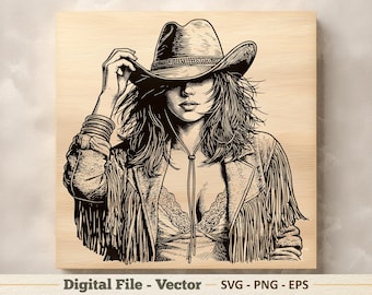 Ilustración vectorial SVG de retrato de vaquera – Arte lineal PNG de mujer del oeste – Imágenes prediseñadas para grabado – Descarga digital