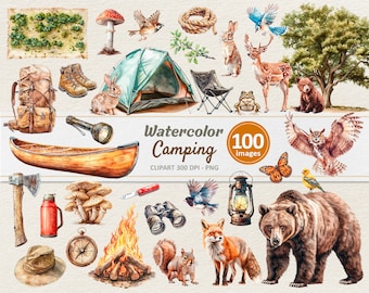 Aquarel camping clipart - digitale afbeelding buitenuitrusting - dieren dieren in het wild PNG - commercieel gebruik