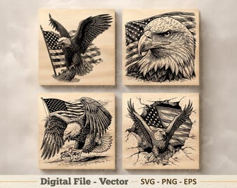 Ilustración vectorial SVG del águila americana – Arte lineal PNG del águila patriótica – Imágenes prediseñadas para grabado – Descarga digital