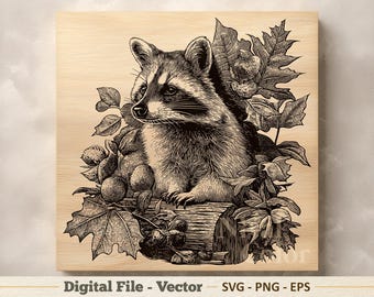 Ilustración vectorial de mapache en formato SVG – Dibujo lineal de animal del bosque en formato PNG y EPS – Imágenes prediseñadas para grabado láser – Descarga digital