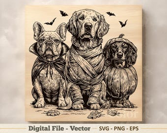 Ilustración vectorial SVG de perros de Halloween – Arte lineal PNG de disfraces – Imágenes prediseñadas para grabado láser – Descarga digital