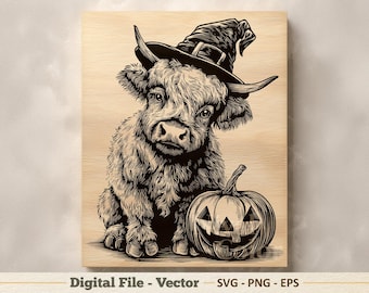 Halloween Highland Kuh Vektor-Illustration SVG - Hexenkürbis Linie Kunst PNG - Lasergravur Clipart - Digital Download
