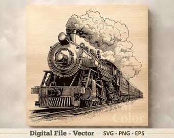 Train Vector Illustration SVG – Steam Locomotive Line Art PNG - Laser Engraving Clipart – Digital Download