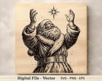 Ilustração vetorial do Papai Noel em SVG – Arte linear de estrela de Natal em PNG – Clipart para gravação a laser – Download digital