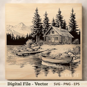 Lakeside Cabin Vector Illustration SVG – House Line Art PNG - Laser Engraving Clipart – Digital Download