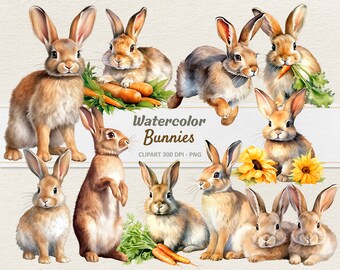 Watercolor Bunnies Clipart V2 - Digital Illustration Bunny - Rabbit PNG - Commercial Use
