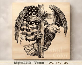 Ilustração vetorial da Cruz da Águia em SVG – Arte linear da bandeira americana em PNG – Clipart para gravura – Download digital