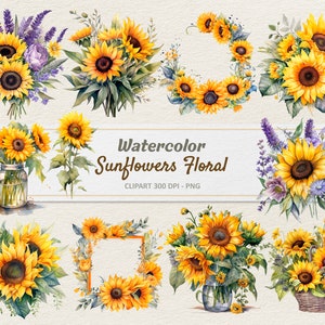 Aquarelle tournesols Clipart - printemps été fleurs - Illustration numérique PNG - usage Commercial