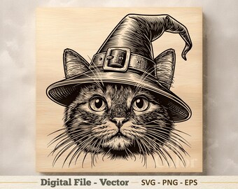 Ilustración vectorial SVG de gato brujo – Arte lineal PNG de Halloween - Imágenes prediseñadas para grabado láser – Descarga digital