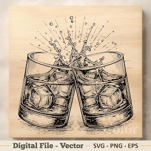 Puede incluir: Una ilustración de arte lineal en blanco y negro de dos vasos de whisky chocando, creando una salpicadura de líquido. Los vasos contienen cubitos de hielo y líquido. El texto de abajo dice Digital File - Vector SVG - PNG - EPS.