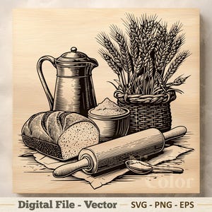 Op de afbeelding: Zwart-wit illustratie van bakbenodigdheden. Toont een brood, deegroller, kom met bloem, tarwe mand, lepel en kan op een houten achtergrond.