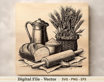 Bäckerei Vektor-Illustration SVG - Brot Küche Linie Kunst PNG - Lasergravur Clipart - Digital Download