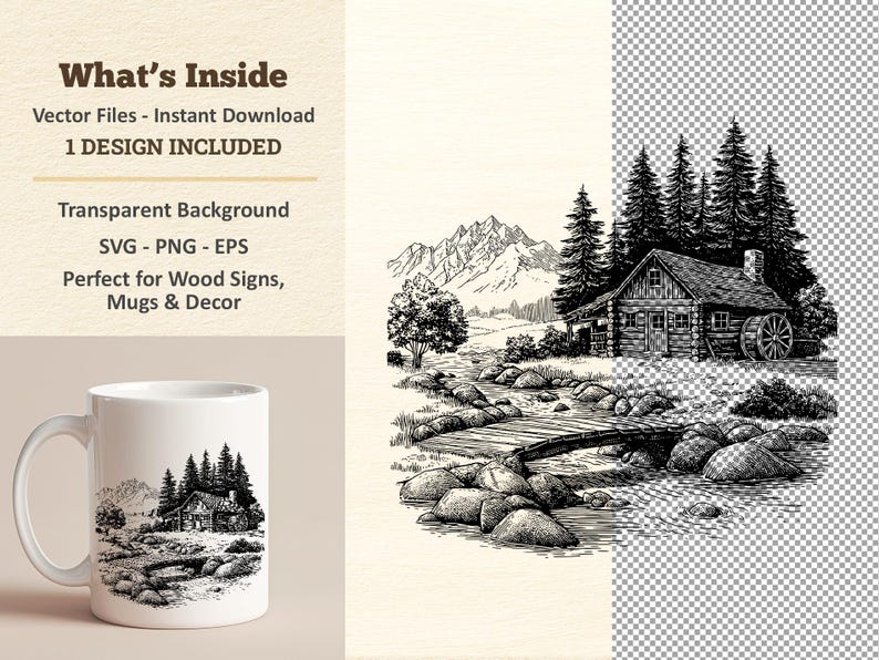 Cabin Vector Illustration SVG – Forest Cabin Line Art PNG - Laser ...