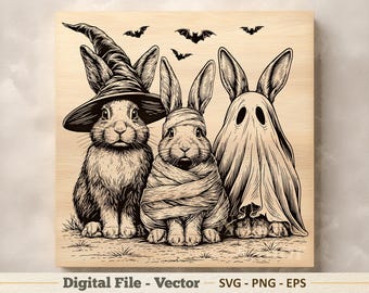 Ilustração vetorial de coelho de Halloween em SVG – Arte linear de coelho em PNG – Clipart para gravação a laser – Download digital