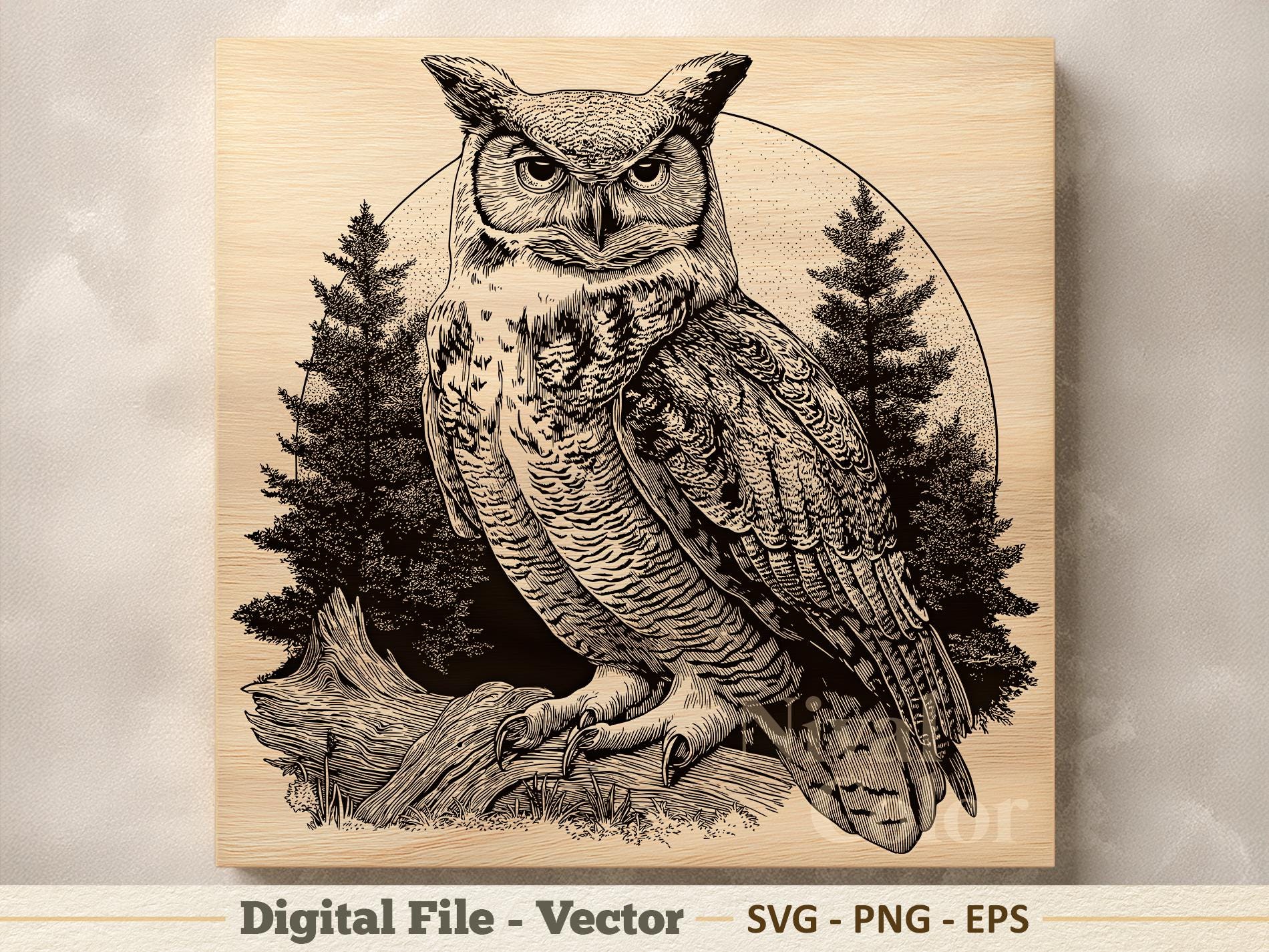 Owl Vector Illustration SVG – Line Art PNG EPS - Laser Engraving Sublimination Clipart –