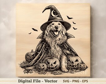Golden Retriever Witch Dog Vector Illustration SVG – Halloween Line Art PNG - Engraving Clipart – Digital Download