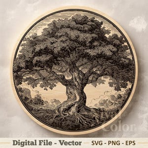 May include: A round wooden artwork with a detailed black and white illustration of a large, gnarled tree. The tree's roots and branches are intricately depicted, set against a cloudy sky background. The words "Digital File - Vector" are at the bottom.