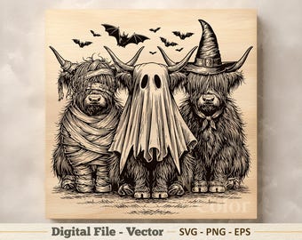 Ilustración vectorial SVG de una vaca de las Tierras Altas de Halloween – Arte lineal espeluznante PNG - Imágenes prediseñadas para grabado – Descarga digital