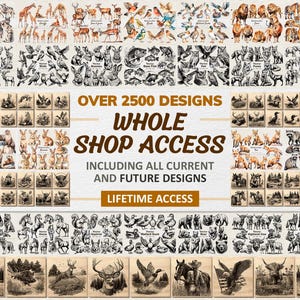 May include: A collection of animal illustrations, including birds, mammals, and fish, arranged in a grid. The text "OVER 2500 DESIGNS WHOLE SHOP ACCESS INCLUDING ALL CURRENT AND FUTURE DESIGNS LIFETIME ACCESS" is displayed prominently.
