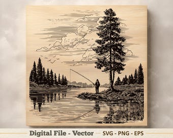 Puede incluir: Una placa de madera cuadrada con una ilustración en tinta negra de una persona sola pescando en la orilla de un lago. La escena incluye un pino alto, un cuerpo de agua tranquilo con reflejos, siluetas de bosques distantes y nubes.
