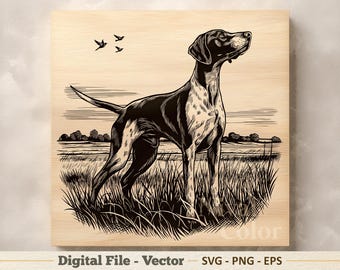 Ilustración vectorial SVG de un Braco Alemán de Pelo Corto – Dibujo lineal PNG de un perro de caza – Imágenes prediseñadas para grabado – Descarga digital
