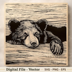 May include: A square digital graphic featuring a black and white line art illustration of a bear cub resting its head and one paw on a textured wooden log surface. The design includes the text Digital File - Vector SVG - PNG - EPS at the bottom.
