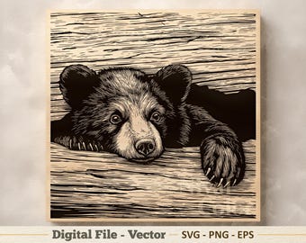 クマのベクターイラストSVG - 黒クマの線画PNG - レーザー彫刻クリップアート - デジタルダウンロード