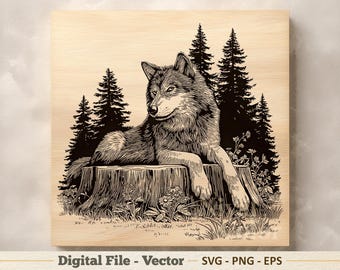 Ilustração vetorial de lobo em SVG – Arte linear de lobo descansando em PNG – Clipart para gravação a laser – Download digital