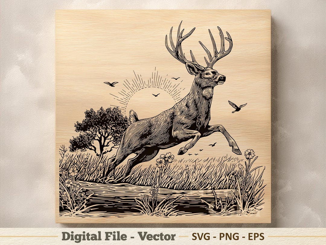 Deer Vector Illustration SVG – Jumping Buck Line Art PNG - Laser ...