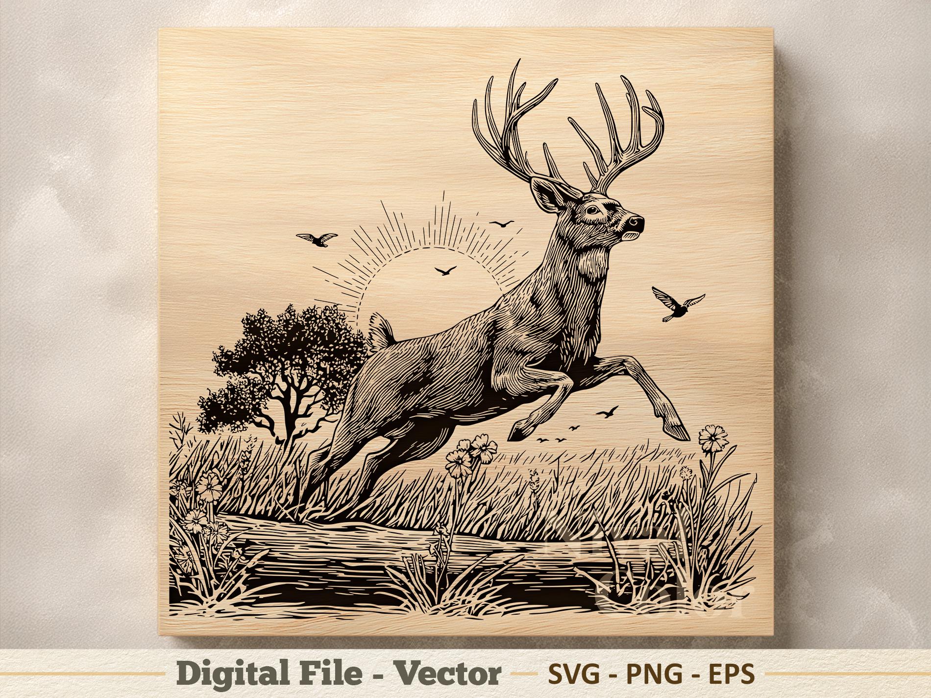 Deer Vector Illustration SVG – Jumping Buck Line Art PNG - Laser ...