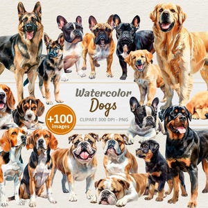 Watercolor Dogs Clipart - Digital German Shepherd - Illustration French Bulldog - Golden Retriever PNG - Commercial Use