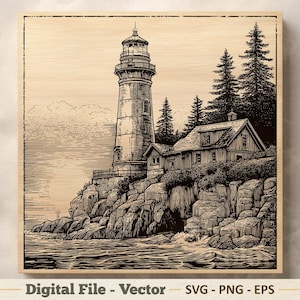 Puede incluir: Una impresión digital de un faro y una casa en un acantilado rocoso. La obra de arte es de estilo vintage, con líneas detalladas en tonos marrones y negros. El texto "Digital File - Vector" está en la parte inferior.