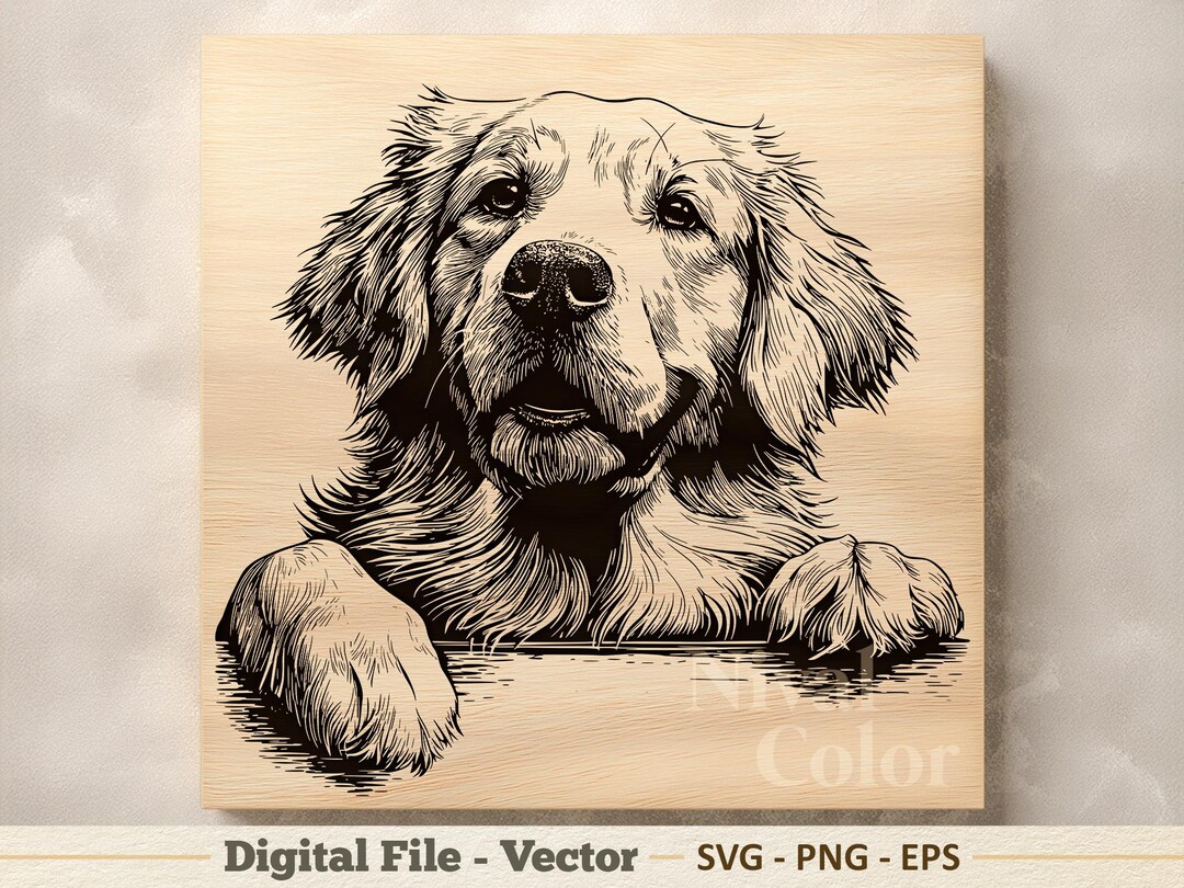 Golden Retriever Vector Illustration SVG – Dog Portrait Line Art PNG ...